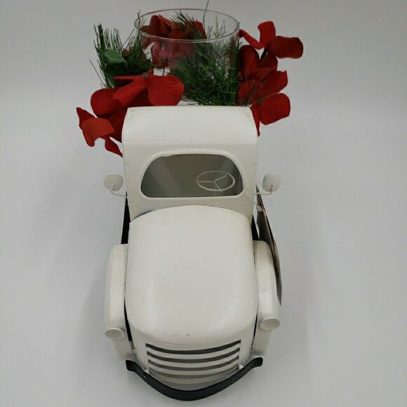 White Metal Christmas Truck Farmhouse Rustic Hurricane Candle Holder Table Decor - Picture 6 of 16